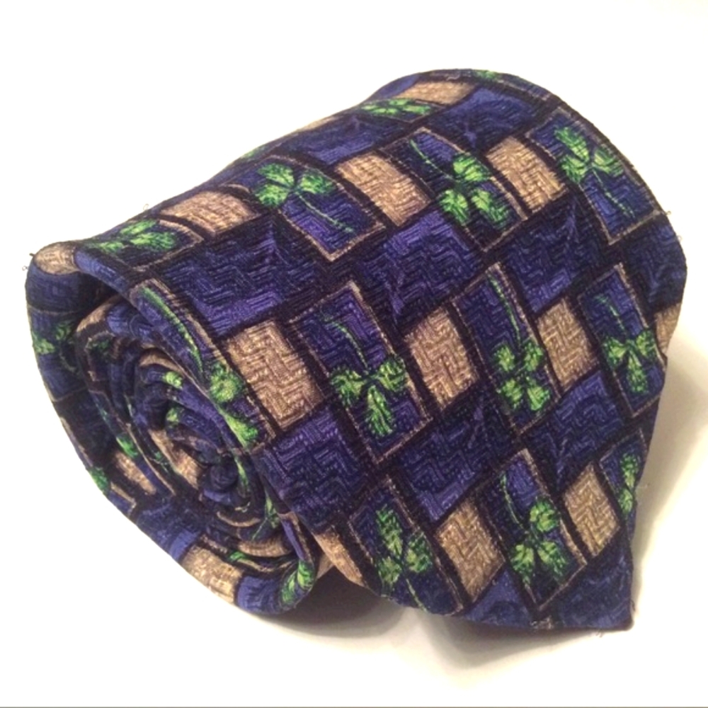 Robert Talbott Necktie Blue & Green Geometric Clover Silk Neck Tie